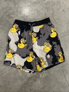 Neff Men's Black & Gray Swim Trunks with Yellow Duck Print